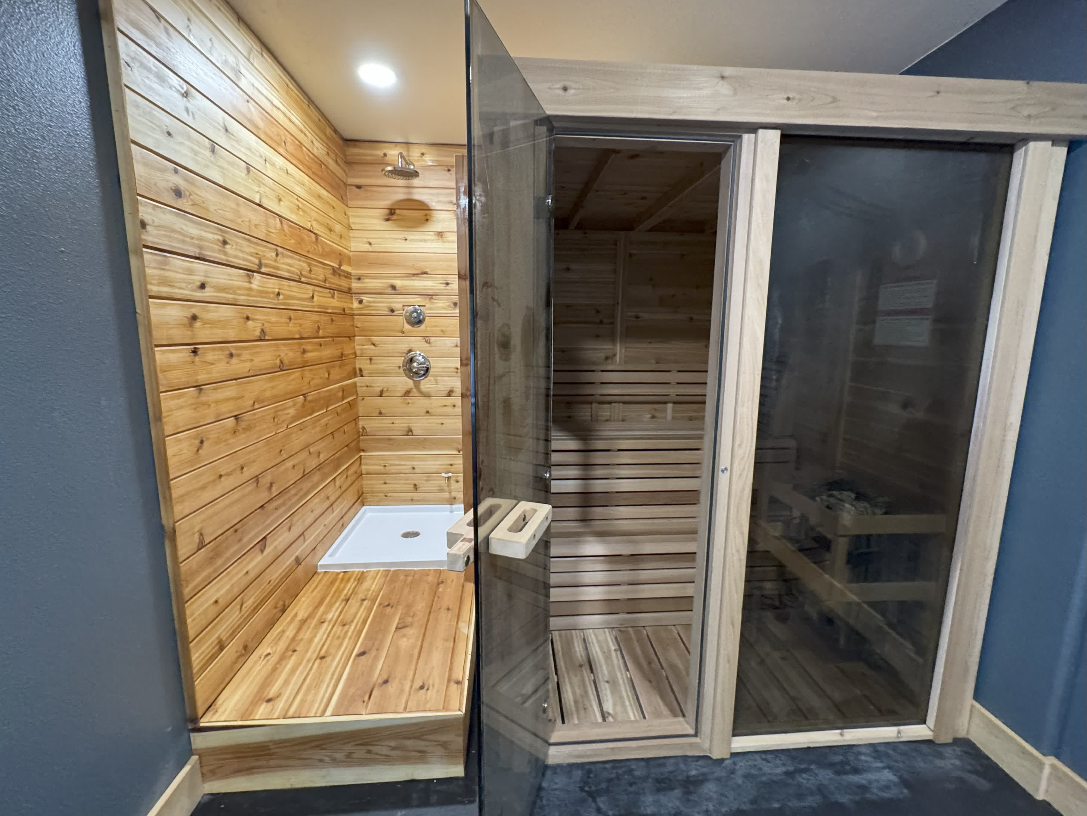 Dry sauna and cedar shower in the Recovery Room