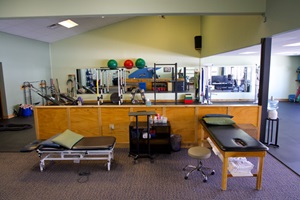 Free weights and dumbbell rack in the training area